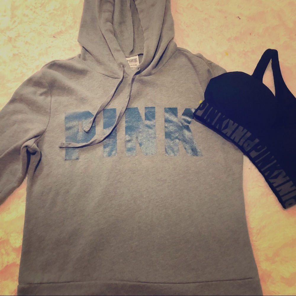 Pink Sports bra and pink hooded sweatshirt